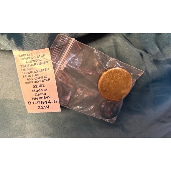 Roamans Womens 22W Green Coat With Faux Fur Collar & Button Closure Penny Lane - Picture 5 of 7